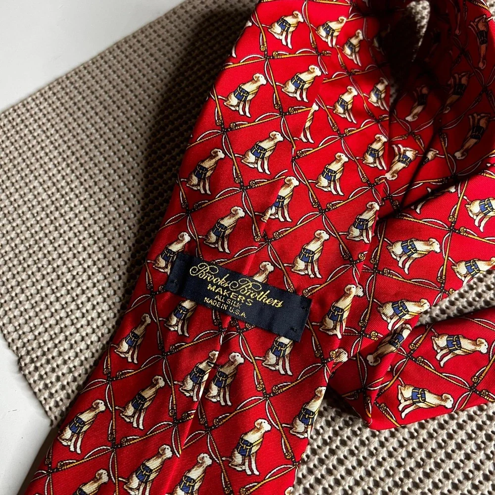 Brooks Brothers Makers Red Silk Tie Labrador Dog Equestrian Rope USA Made